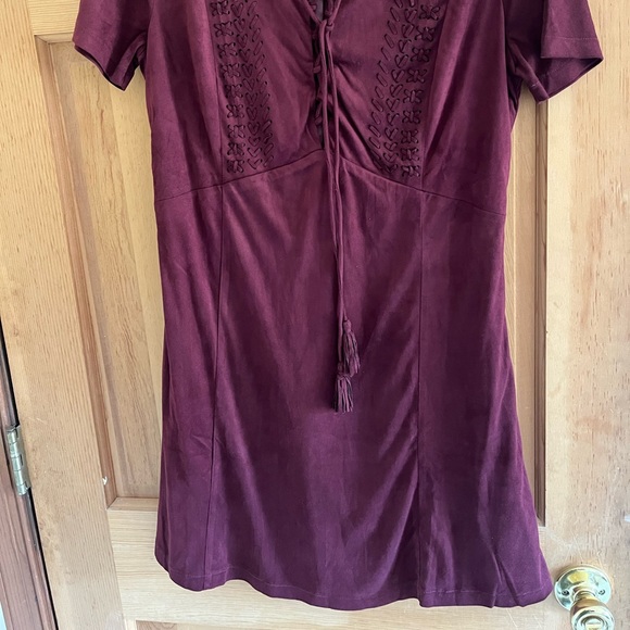 **consigned** MissMe Wine Colored Suede Mini Dress with Lace Up Chest Detail - Picture 8 of 12